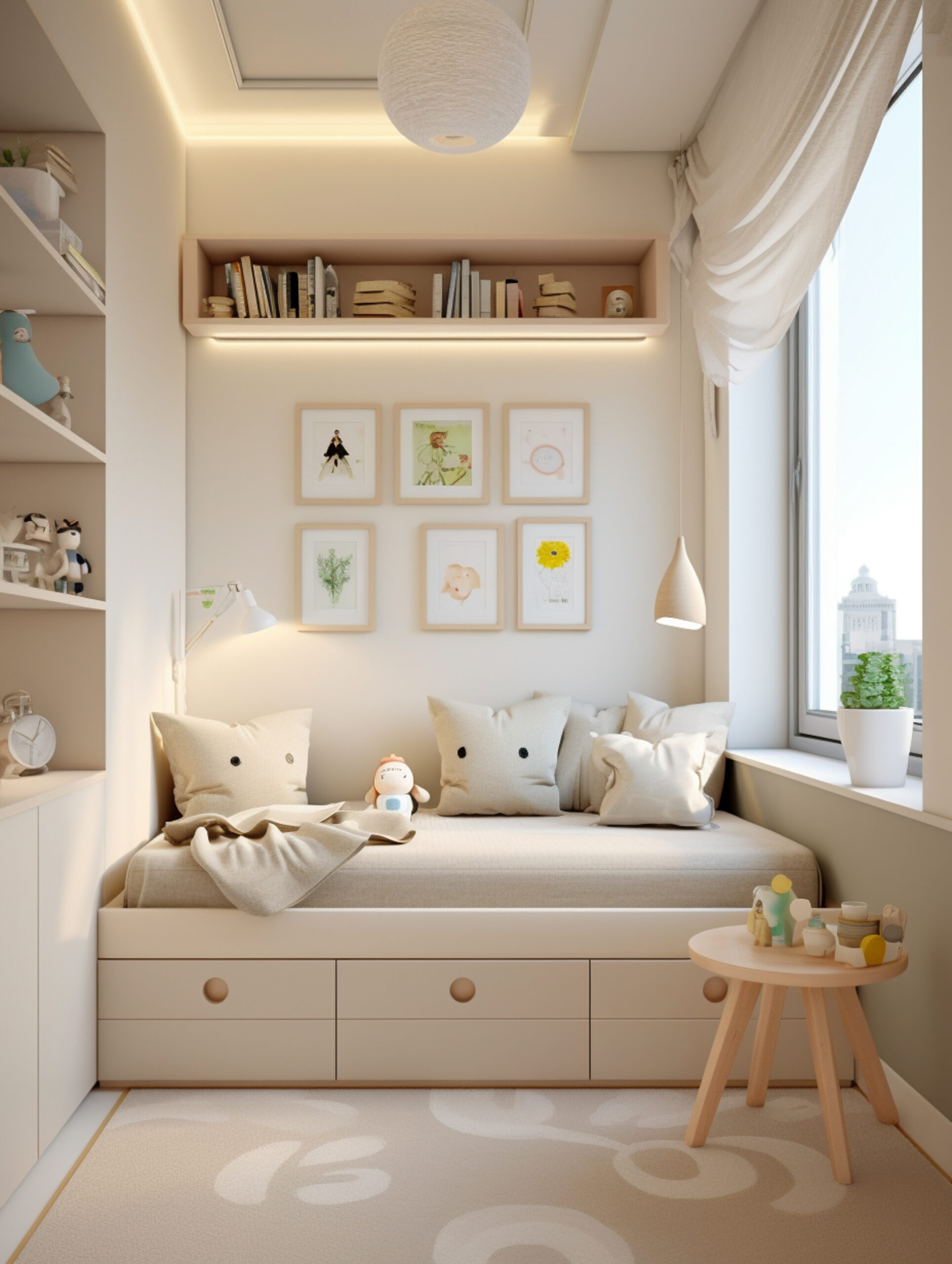 Modern creamy style,bedroom,window ledge platform with built-in cabinets, small windows, toddler bed, cute children's decorations and hanging pictures, soft furnishings in the space, high-quality photos, UHD --ar 3:4 --stylize 50 --v 5.2 Job ID: abdd2f4b-d06f-4707-8ae0-5f59acc92f92